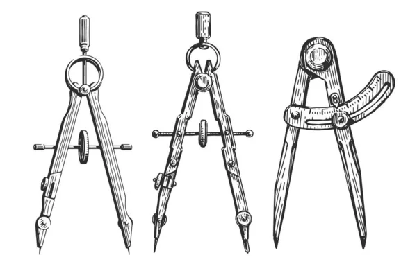 Drafting Compass Set Hand Drawn Vintage Divider Isolated Sketch Vector — 스톡 벡터