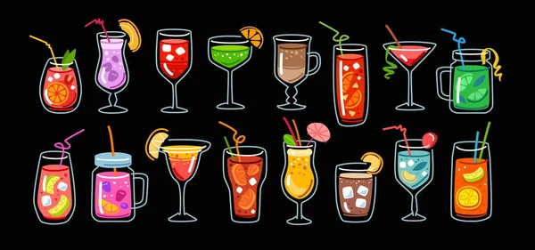 Cocktails Collection Summer Cold Drinks Fruit Smoothies Milkshakes Juice Lemonade — Vettoriale Stock