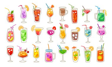 Set of tropical cocktails. Collection of summer drinks with fruits and berries. Flat style cartoon vector illustration