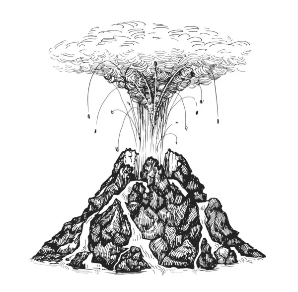 Active Volcano Spewing Lava Volcanic Eruption Magma Hand Drawn Sketch — Stockvector