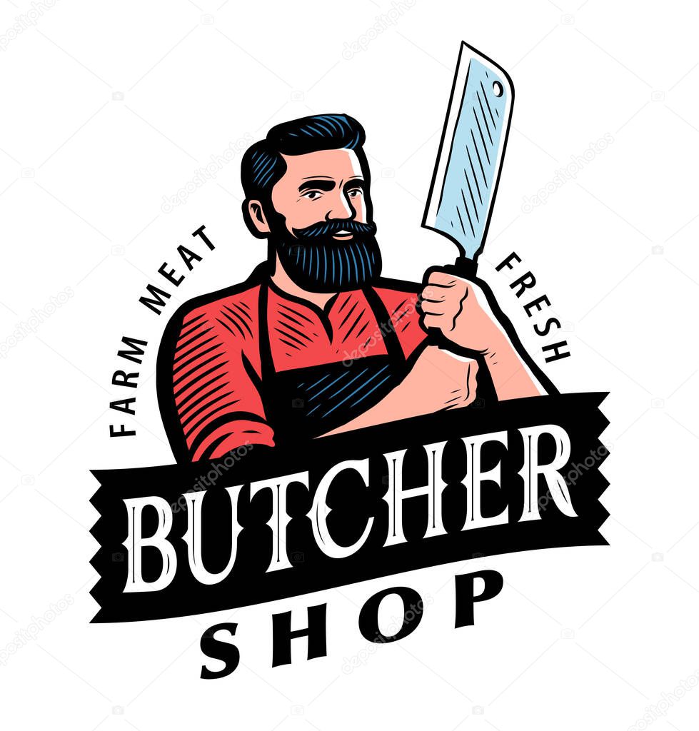 Butcher with Meat cleaver. Emblem or logo for butcher shop, steakhouse menu, grill restaurant. Vector illustration