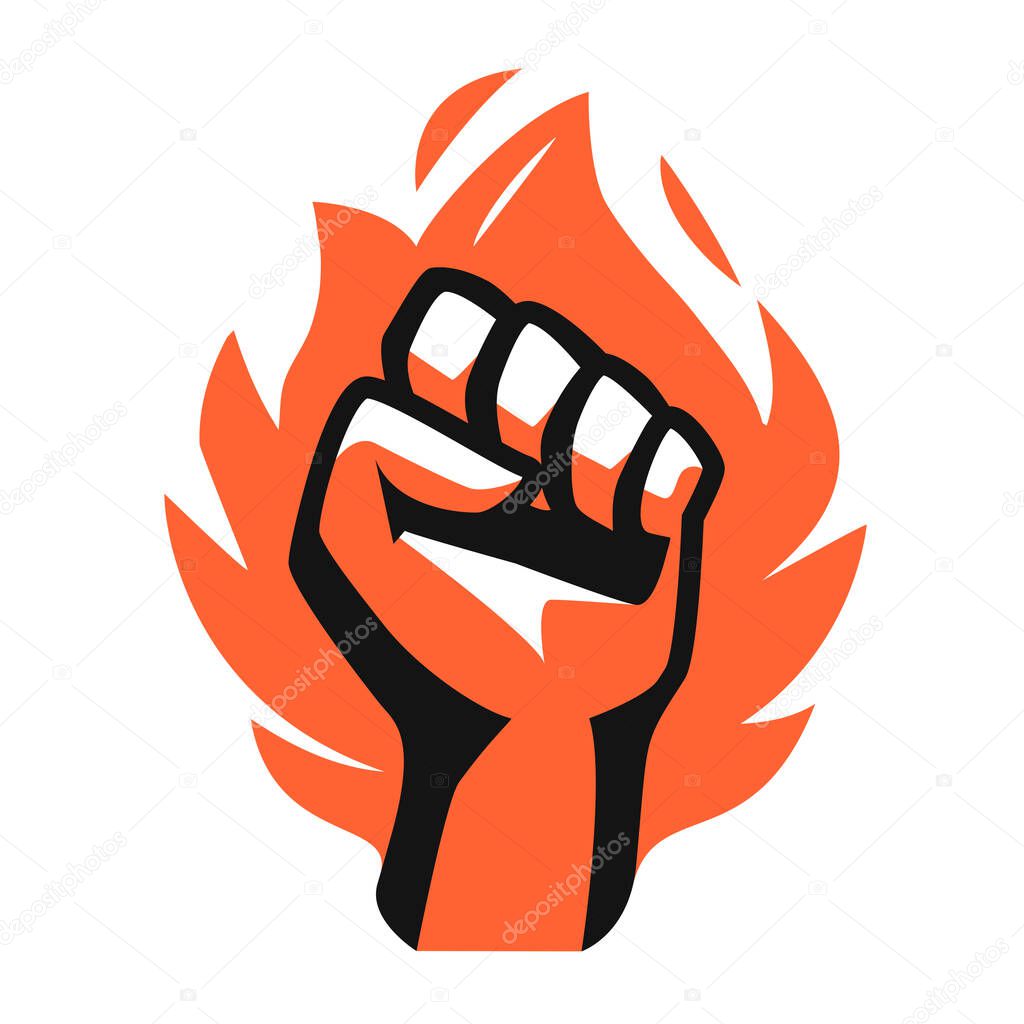 Fist and fire emblem isolated. Hand clenched power strength icon symbol. Vector illustration