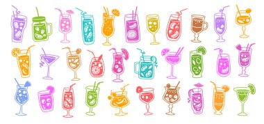 Alkol ve meyve suyu ikonu seti. Yaz tatili ve plaj partisi konsepti. Restoran menüsü için vektör illüstrasyonu