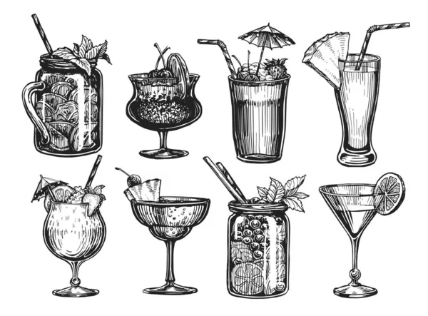Hand drawn cocktails set isolated on white. Juice, alcoholic drinks in glasses. Illustration for restaurant or cafe menu