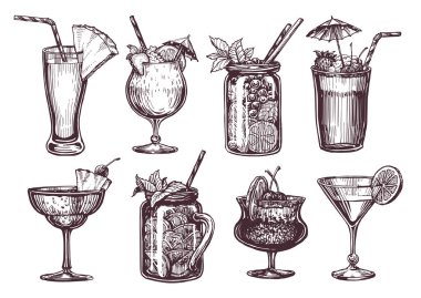 Set alcoholic cocktails. Hand drawn sketch style drinks for restaurant or bar menu. Vector engraving illustration