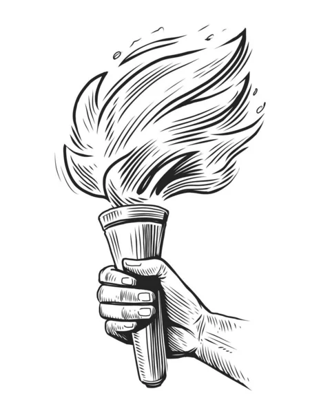 Torch Flaming Fire Hand Sketch Shining Torch Raised Hand Isolated — Stock Vector