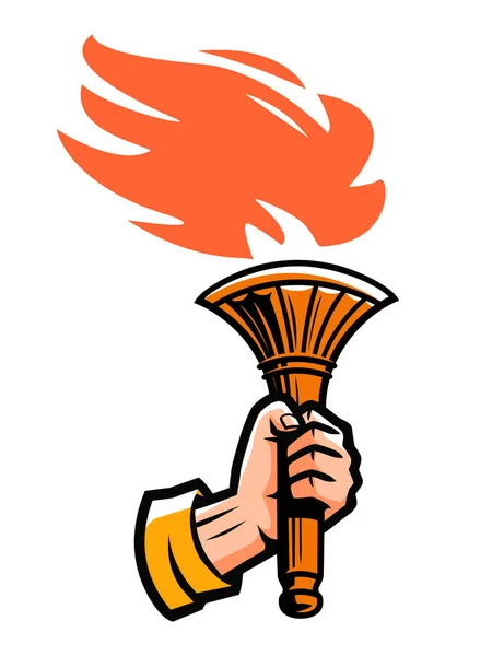 Burning Torch Fire Hand Lighting Flame Light Emblem Sports Mascot — Stock Vector