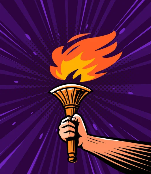 Burning Torch Hand Explorer Illuminated Path Light Fire Dark Pop — Stock Vector