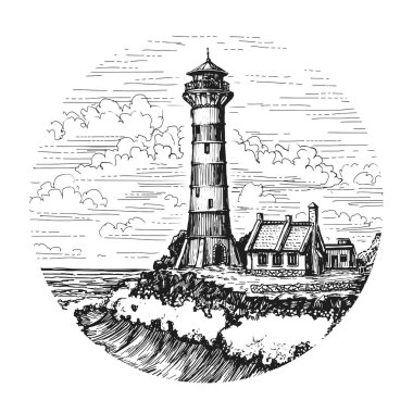 Lighthouse on seashore. Hand drawn sketch seascape and waves. Vector illustration in vintage engraving style