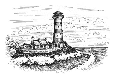 Deniz feneri, deniz kıyısı çizimi. Deniz manzarası, deniz feneri, deniz kenarındaki sinyal binası. Vintage vektör illüstrasyonu