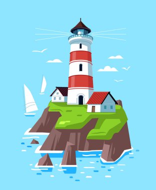 Lighthouse on rock island in sea. Beacon on coastline vector. Seascape with nautical navigation tower with lamp on coast