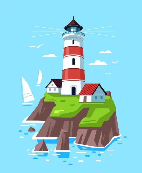 Lighthouse Rock Island Sea Beacon Coastline Vector Seascape Nautical Navigation — Wektor stockowy