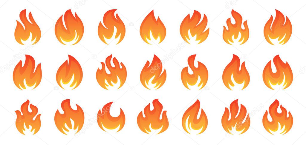 Flame, red hot bonfire set vector icons. Blazing, burning heat fire symbol. Ignition concept. Vector isolated