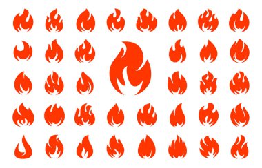 Fire flames set vector icons. Red hot bonfire, campfire, heat wildfire, fireball symbol. Vector illustration isolated