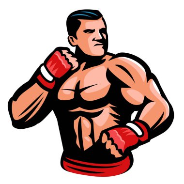 Fighter with boxing gloves design element for sports emblem. Muscular boxer mascot logo design. Vector isolated