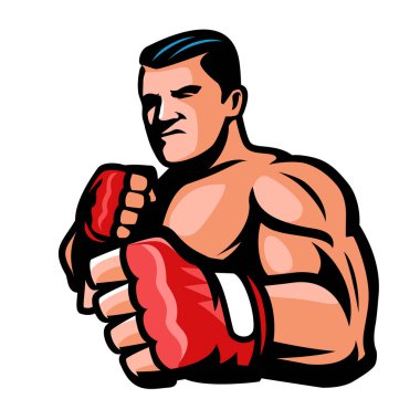 Fighter boxer with fists isolated. Fight club, boxing, kickboxing, strength sport emblem or logo. Vector illustration