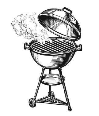 BBQ grill isolated. Barbecue brazier with smoke. Kebab, grilled food concept. Hand drawn sketch vector illustration clipart