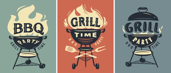Bbq Time Grill Party Retro Poster Set Summer Barbecue Picnic — Stok Vektör