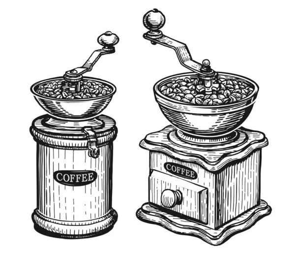 Retro Manual Coffee Grinder Mill Sketch Coffee Shop Concept Vector — ストックベクタ