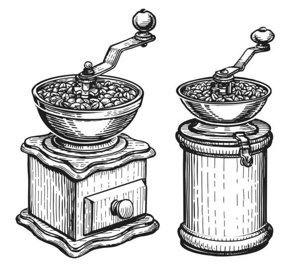 Hand Sketch Drawing Manual Coffee Grinder Set Coffee Shop Concept — Zdjęcie stockowe