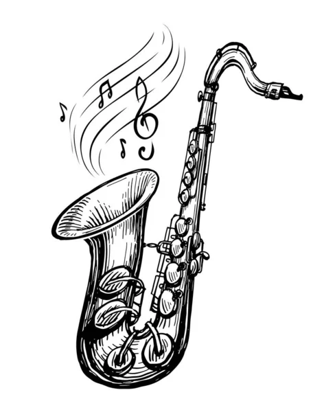 Saxophone Musical Notes Music Concept Hand Drawn Sketch Vintage Vector — 스톡 벡터