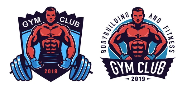 Gym Fitness Logo Set Sporty Athletic Man Emblem Muscular Body — Vettoriale Stock