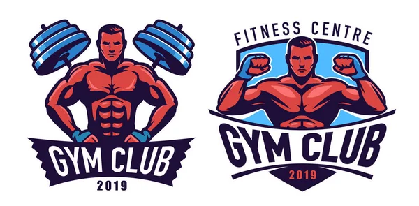 Gym Badges Set Bodybuilding Label Weightlifting Fitness Badge Athlete Muscles — Vettoriale Stock