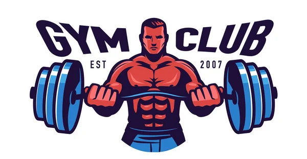 Muscular Man Heavy Barbell Emblem Gym Bodybuilding Fitness Logo Sport — Stockvektor