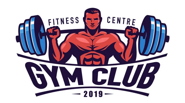 Gym Club Bodybuilding Logo Sports Emblem Muscular Athletic Man Barbell — Stock vektor