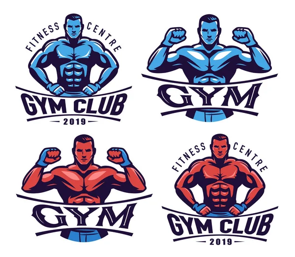 Gym Fitness Logo Set Muscled Man Bodybuilder Emblem Bodybuilding Sport — Vector de stock