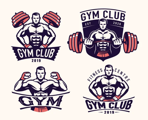 Sport, Gym or Athletic club emblem set. Muscular strong man with barbell. Sports badges vector illustration