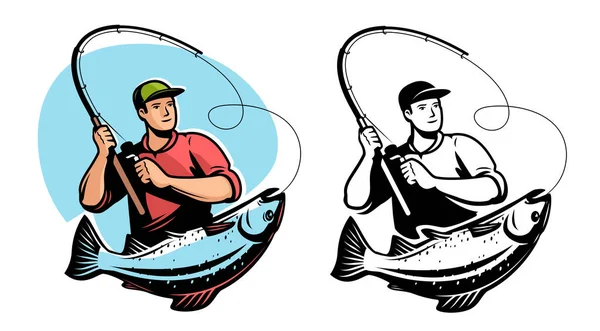 Fisherman Spinning Rod Caught Big Fish Fishing Sport Emblem Logo — Stockový vektor
