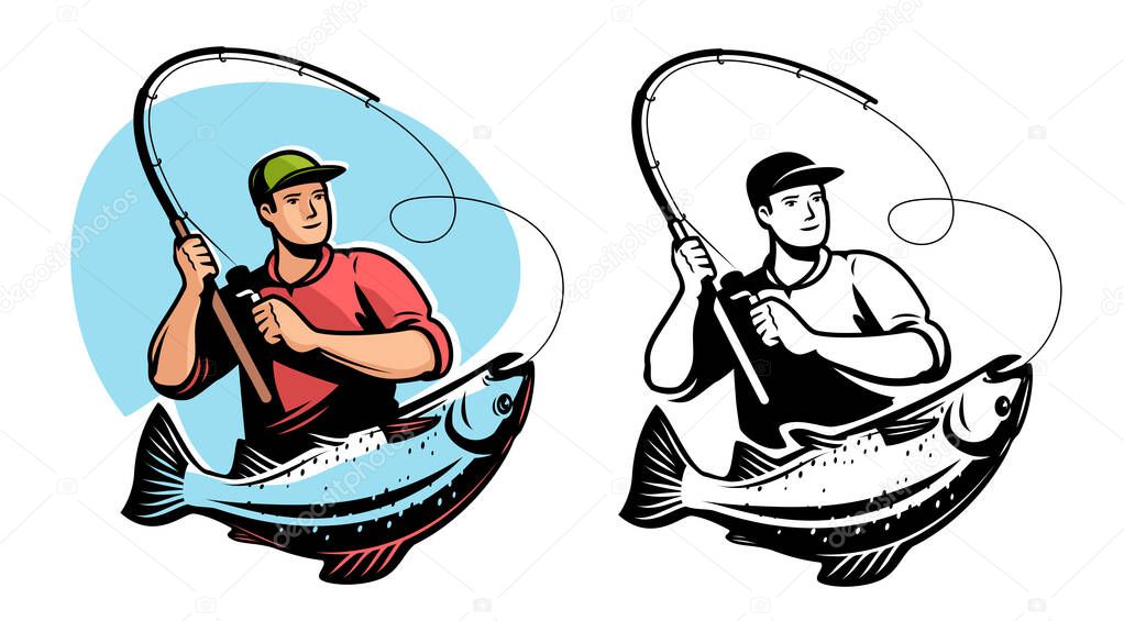 Fisherman with spinning rod caught big fish. Fishing sport emblem or logo. Vector illustration isolated
