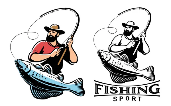 Fisherman Fish Emblem Sport Fishing Angling Logo Vector Illustration Isolated —  Vetores de Stock