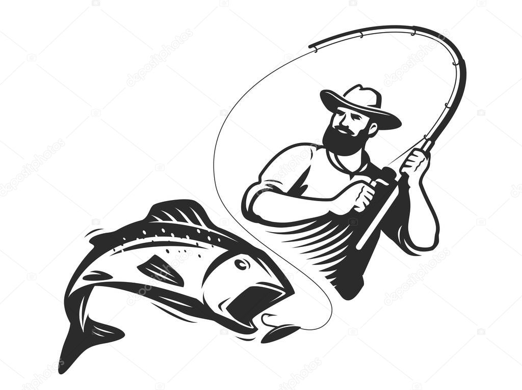 Fisherman catches fish on spinning rod. Fishing logo or symbol. Outdoor recreation vector illustration isolated