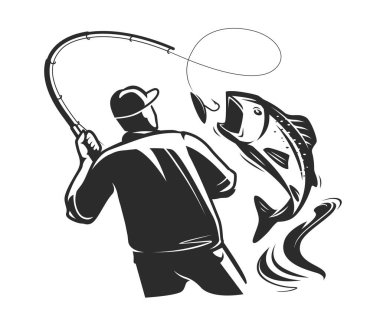 Fisher with spinning rod caught big fish. Fishing sport logo or emblem. Vector illustration isolated