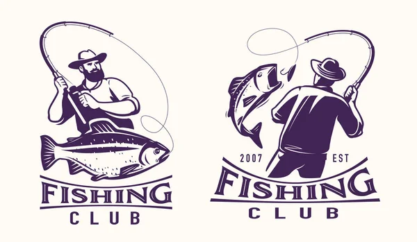 Fishing Logo Badge Set Fisherman Catches Fish Spinning Rod Logo — Stock Vector