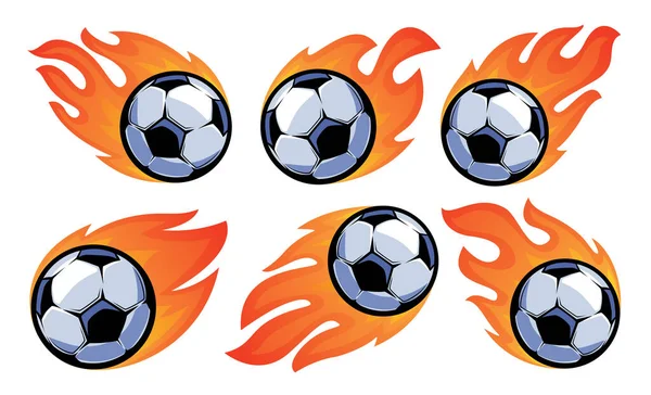 Soccer Ball Burning Fire Flames Set Football Emblem Sports Mascot — Vettoriale Stock