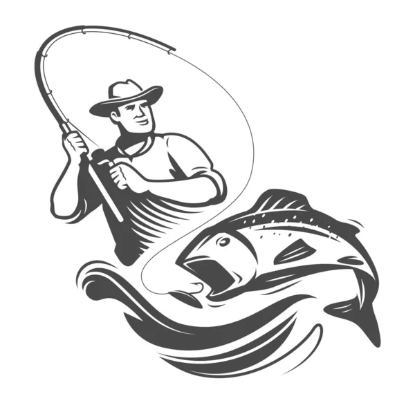 Fisherman Caught Big Fish Spinning Rod Fishing Design Element Logo — Vector de stock