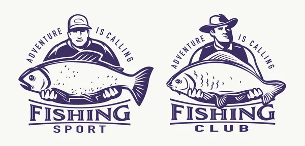 Счастливый Рыбак Держит Руках Большую Рыбу Рыбная Эмблема Набор Значков — стоковый вектор