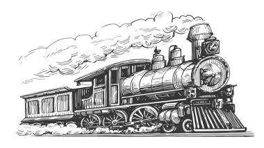 Moving retro steam locomotive. Train, vintage transport illustration isolated on white background clipart