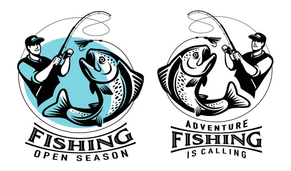 Ψαράς Καλάμι Έπιασε Μεγάλη Πέστροφα Αλιευτικό Έμβλημα Λογότυπο Σήμα Απομονωμένη — Διανυσματικό Αρχείο