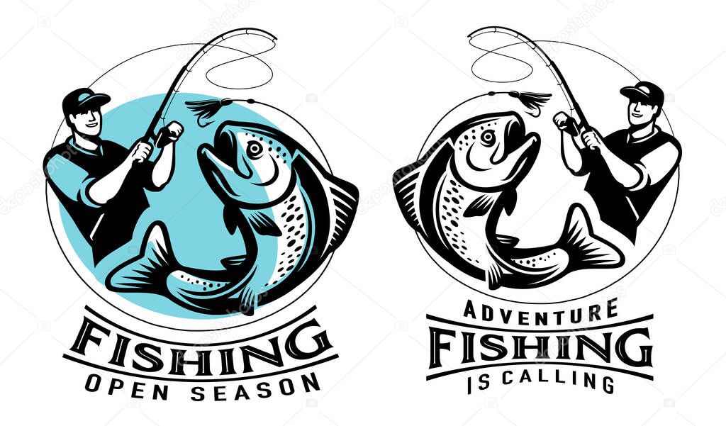 Fisherman with spinning rod caught big fish trout. Fishing sport emblem or logo, badge. Vector illustration isolated