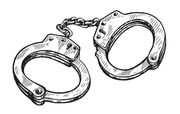 Closed prison handcuffs hand drawn sketch. Metal shackles, police arrest, justice concept. Vector illustration isolated