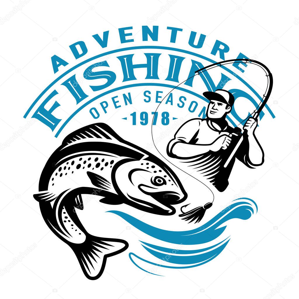 Fisherman on fishing trip catches big fish on spinning rod. Sport fishing, outdoor activities emblem print