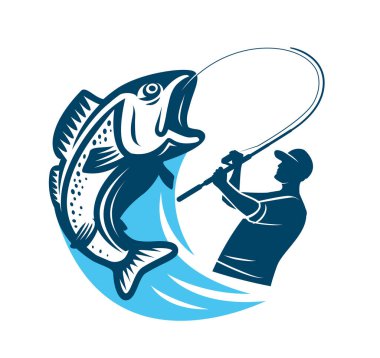 Fisherman catching big fish emblem. Sport fishing, outdoor activities logo or badge. Vector illustration symbol clipart