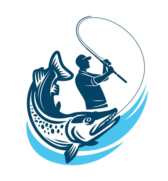 Рыбак Поймал Эмблему Щуки Спортивная Рыбалка Логотип Бейдж Векторная Иллюстрация — стоковый вектор