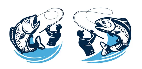 Fishing Logo Badge Fisherman Catches Big Fish Spinning Rod Angling — Stock Vector