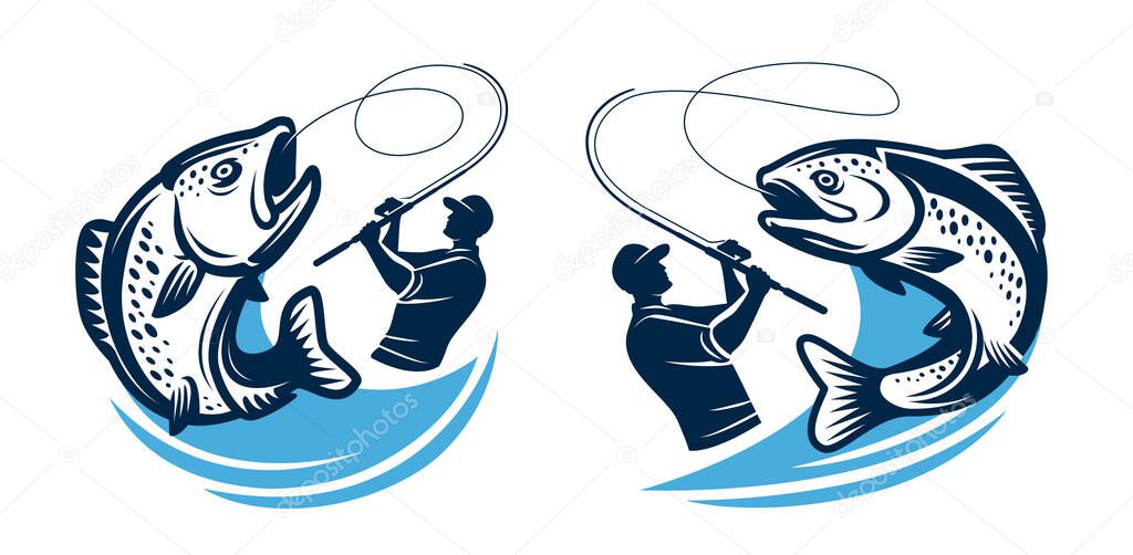 Fishing logo or badge. Fisherman catches big fish on spinning rod. Angling symbol isolated. Vector illustration