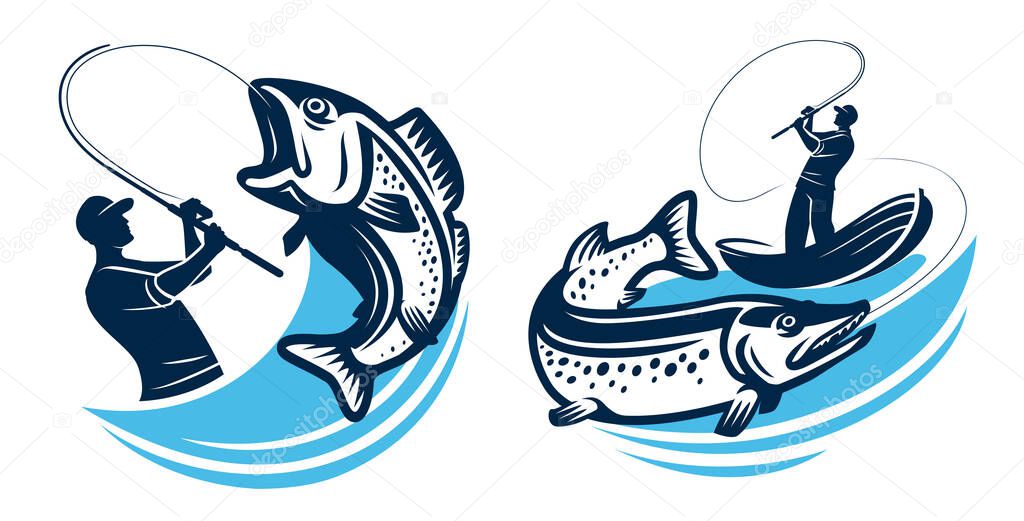Fishing emblem or badge. Fisherman catches big fish on spinning rod. Angling logo isolated. Vector illustration